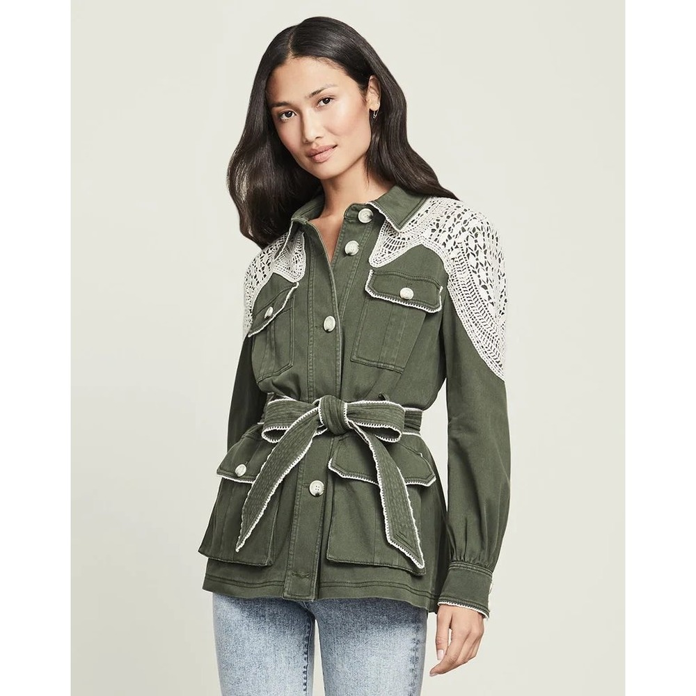 Veronica Beard‎ Vanna Army Jacket Women's 4 Green Utility  Crochet Lace Belted